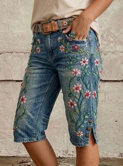 Vintage Floral Print Casual Denim Shorts